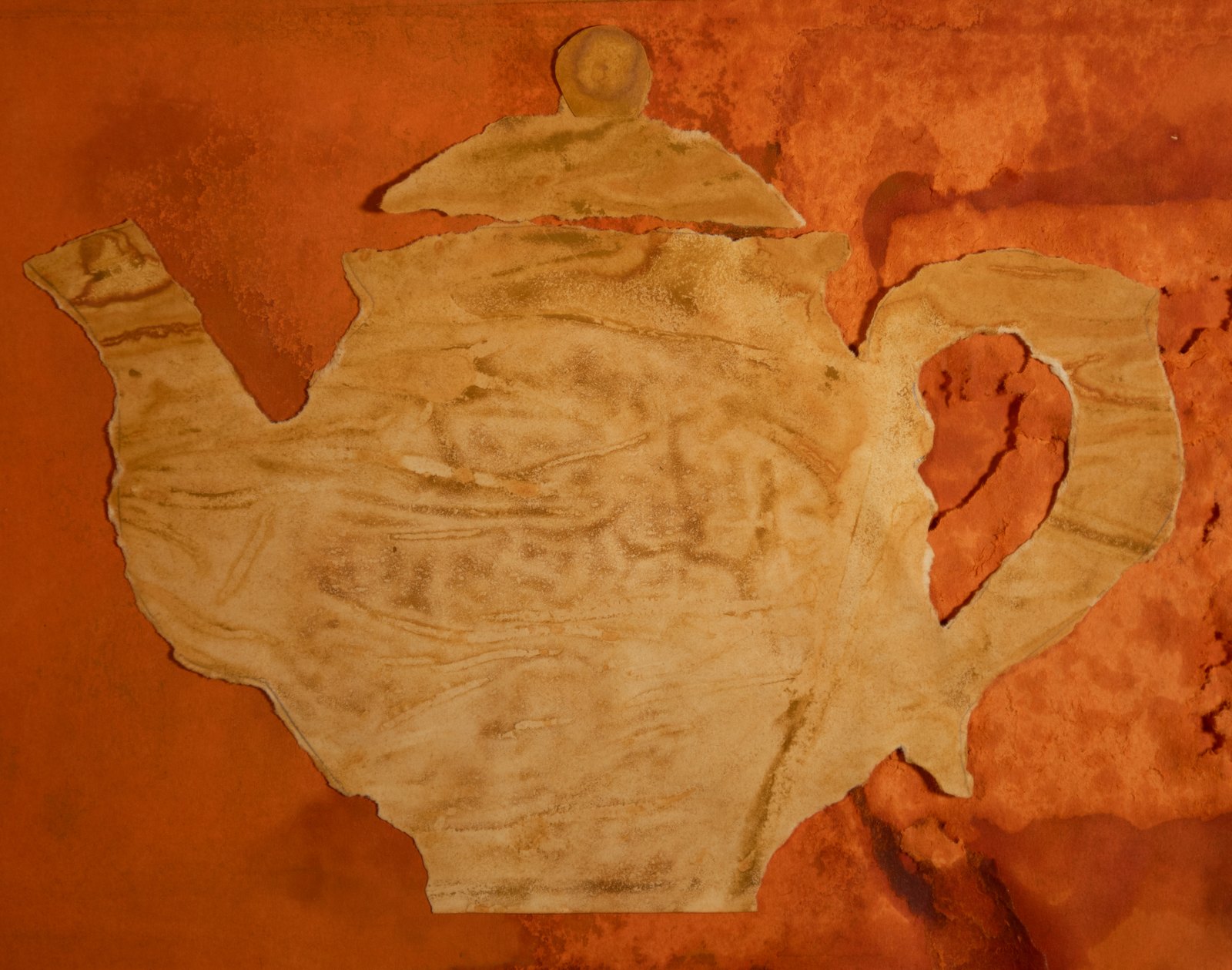 A Surgeon to Old Shoes — collage: a cut-paper teapot on orange
