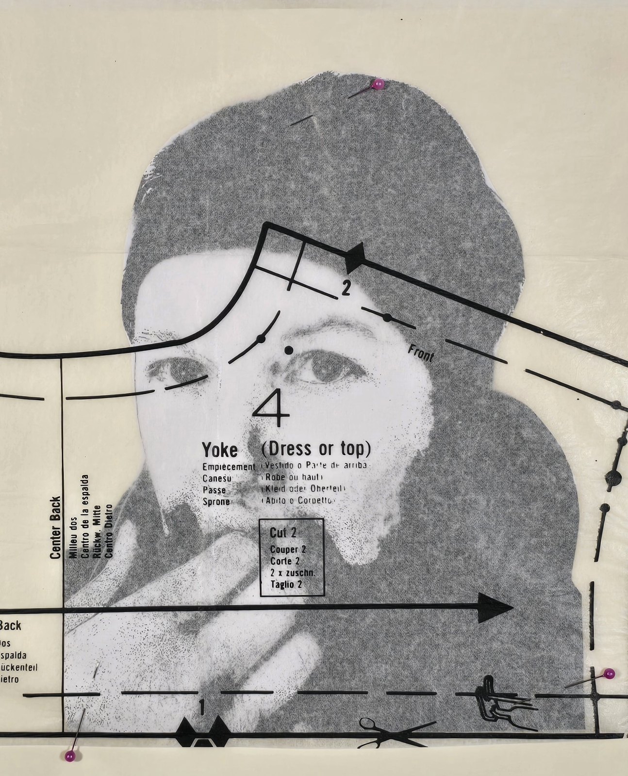 CUT 2 — collage: a face behind a dressmaking pattern marked Yoke