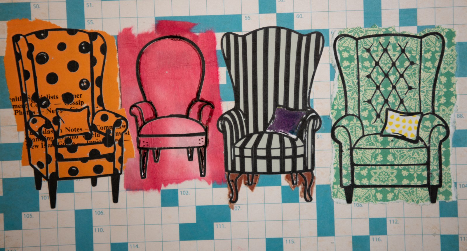 Four Across — collage: four patterned armchairs on graph paper and teal checks