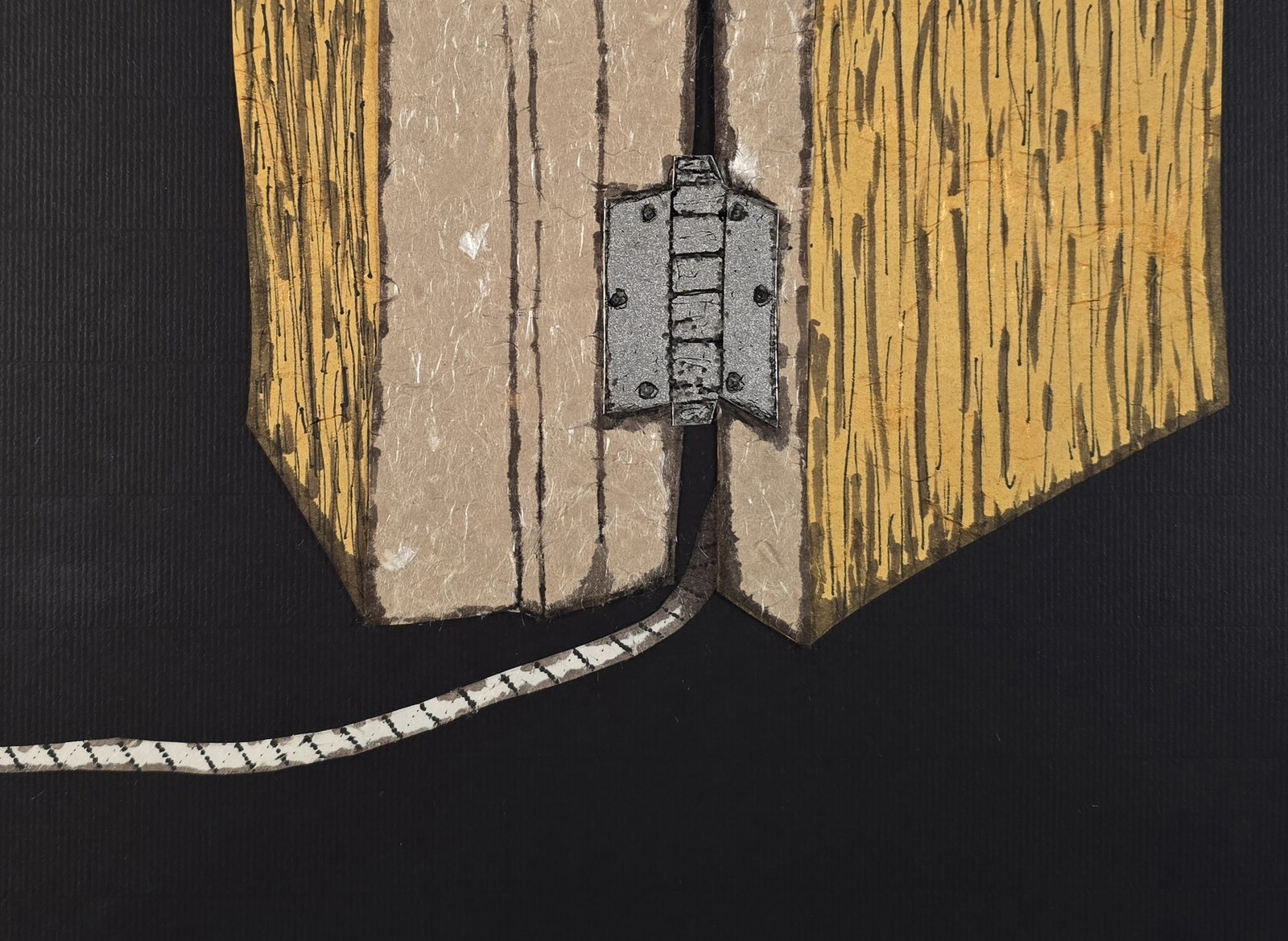 Live Wire Kink — collage: torn ochre and cream papers with a hinge and a chain