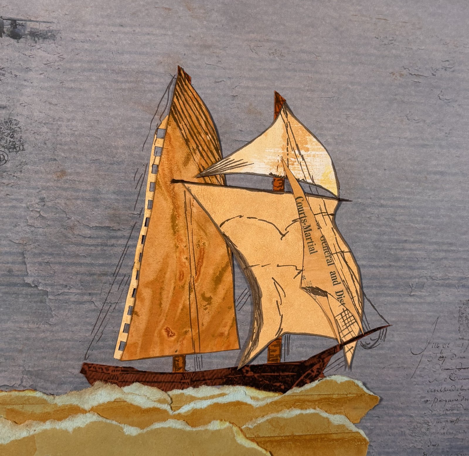 With a Fair Wind — collage: a sailing ship with ochre sails